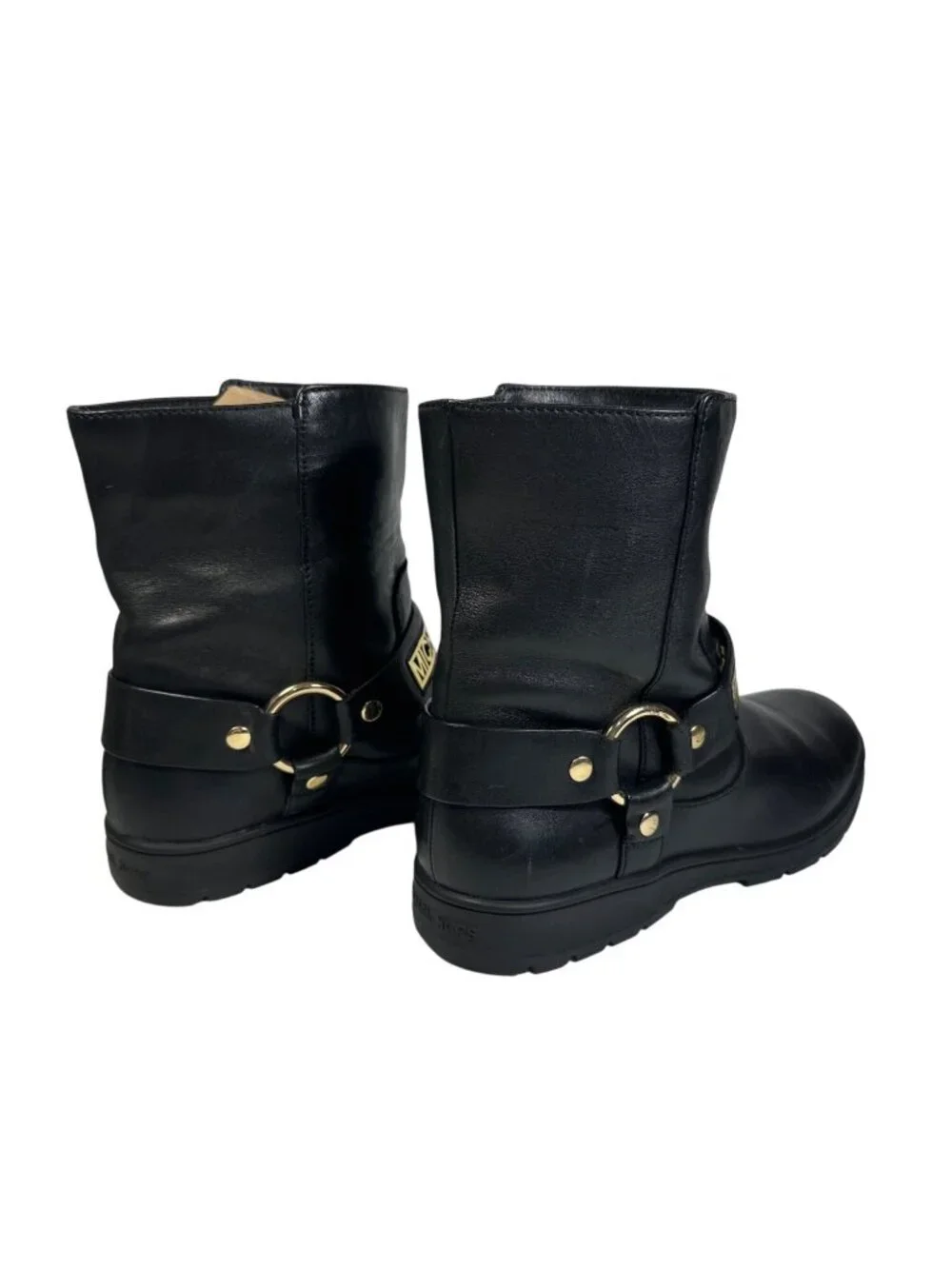 MICHAEL KORS ESSEX ICONIC BLACK GOLD LOGO MOTO BIKER BOOTS Size 7M - Picture 6 of 13
